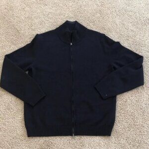 Hugo Boss navy wool slim fit large zippered cardigan sweater.